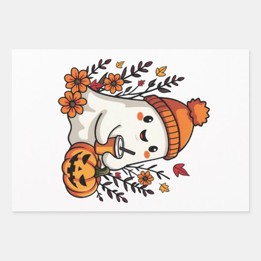 Pastel Autumn Kawaii Ghost Herfst Pumpkin Spice Inpakpapier Vel (Voorkant)