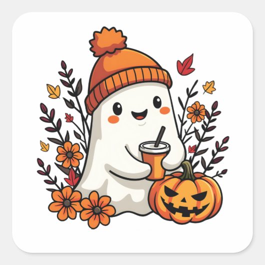 Pastel Autumn Kawaii Ghost Herfst Pumpkin Spice Vierkante Sticker (Voorkant)