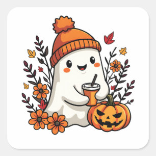 Pastel Autumn Kawaii Ghost Herfst Pumpkin Spice Vierkante Sticker