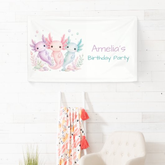 Pastel Axolotl Verjaardagsfeest Welkom Spandoek (Insitu)