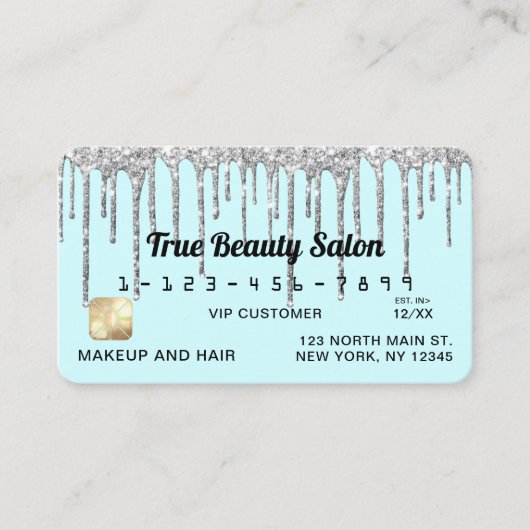 Pastel Baby Blauw Zilver Glitter Druppelt Krediet Visitekaartje (Voorkant)