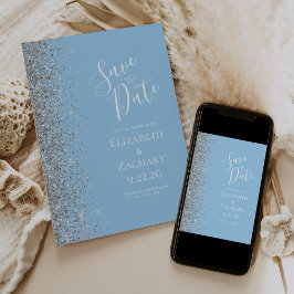 Pastel Baby Blauw Zilver Glitter Save the Date Aankondiging
