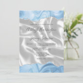 Pastel Baby Blauw Zilveren Agaat Wit Zijde Trouwen Kaart (Staand voorkant)