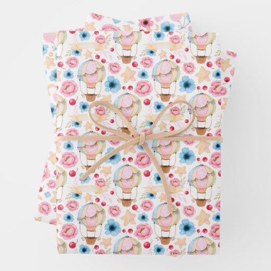 Pastel Baby Blue Baby Pink Hot Air-ballonnen Inpakpapier Vel (In situ)
