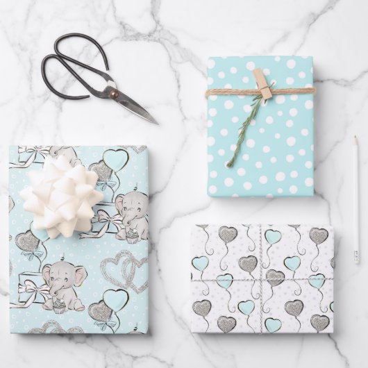 Pastel Baby Boy Cute Elephant Inpakpapier Vel (Voorkant)