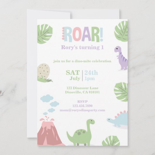 Pastel Baby Dinosaur Kids Verjaardagsfeest Feestdagenkaart (Voorkant)