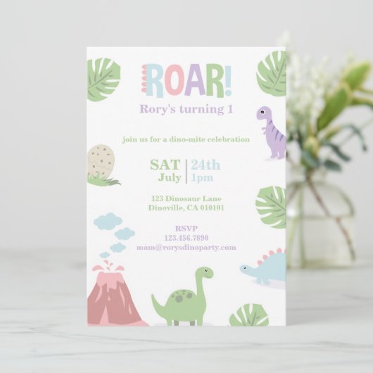 Pastel Baby Dinosaur Kids Verjaardagsfeest Feestdagenkaart (Staand voorkant)