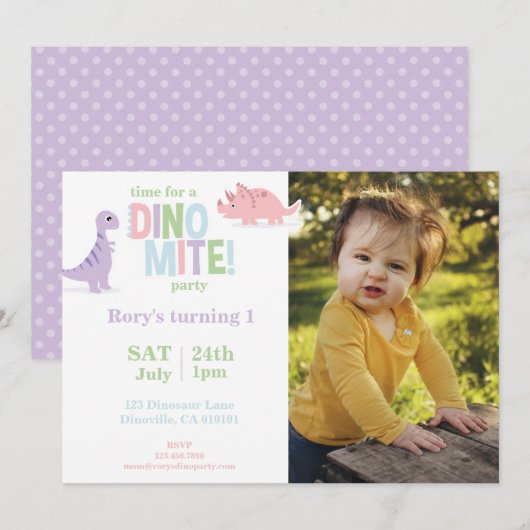 Pastel Baby Dinosaurus Kinder foto Verjaardagsfees Feestdagenkaart (Voorkant / Achterkant)