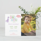Pastel Baby Dinosaurus Kinder foto Verjaardagsfees Feestdagenkaart (Staand voorkant)