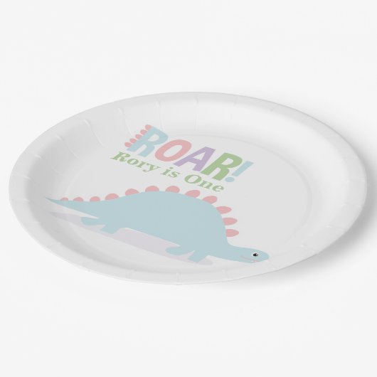 Pastel Baby Dinosaurussen Roar Verjaardagsfeestje Papieren Bordje (Gekanteld)
