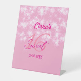 Pastel baby pink sweet 16 birthday naam toevoegen  reclamebord met voetstuk