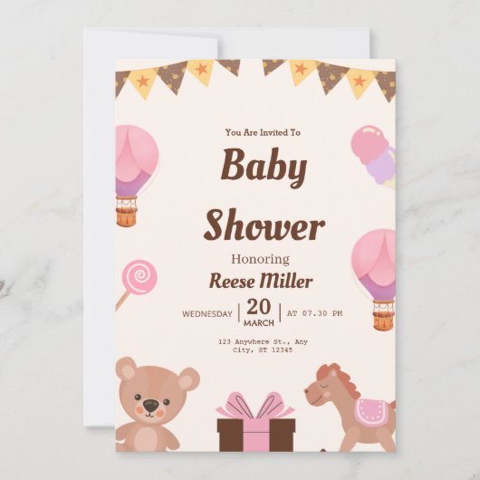 Pastel Baby Shower Invite – Balloons, Bear & Candy Kaart (Voorkant)