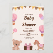 Pastel Baby Shower Invite – Balloons, Bear & Candy Kaart (Voorkant / Achterkant)