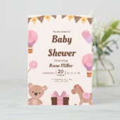 Pastel babyshower uitnodiging – Ballonnen, Beer &  (Staand voorkant)