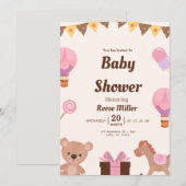 Pastel babyshower uitnodiging – Ballonnen, Beer &  (Voorkant / Achterkant)