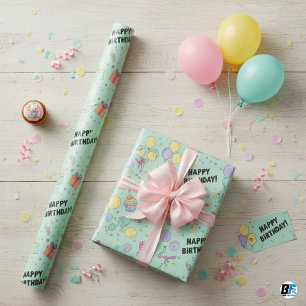 Pastel Ballonnen & Cupcakes Gelukkig Verjaardag Cadeaupapier