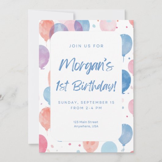 Pastel Balloon First Birthday Invitation Kaart (Voorkant)