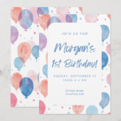 Pastel Balloon First Birthday Invitation Kaart (Voorkant / Achterkant)