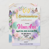 Pastel Balloons and Butterflies Quinceañera  Kaart (Voorkant / Achterkant)