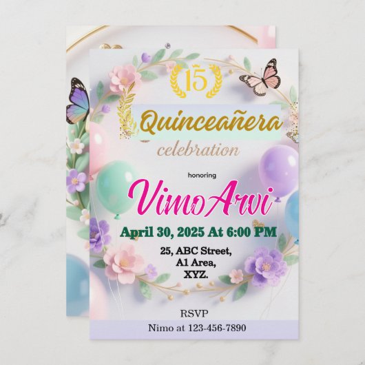 Pastel Balloons and Butterflies Quinceañera Kaart (Voorkant / Achterkant)