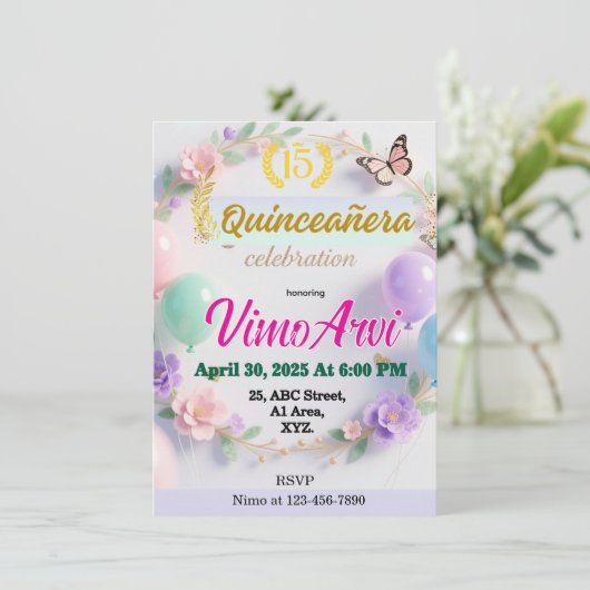 Pastel Balloons and Butterflies Quinceañera  Kaart (Staand voorkant)