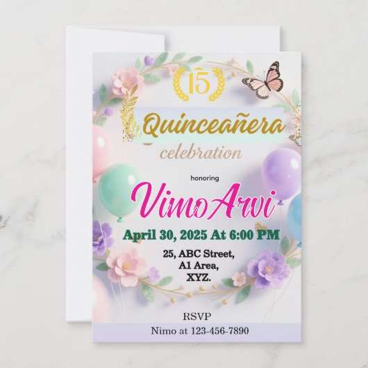 Pastel Balloons and Butterflies Quinceañera  Kaart (Voorkant)