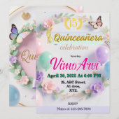 Pastel Balloons and Butterfly Quinceañera birthday Kaart (Voorkant / Achterkant)