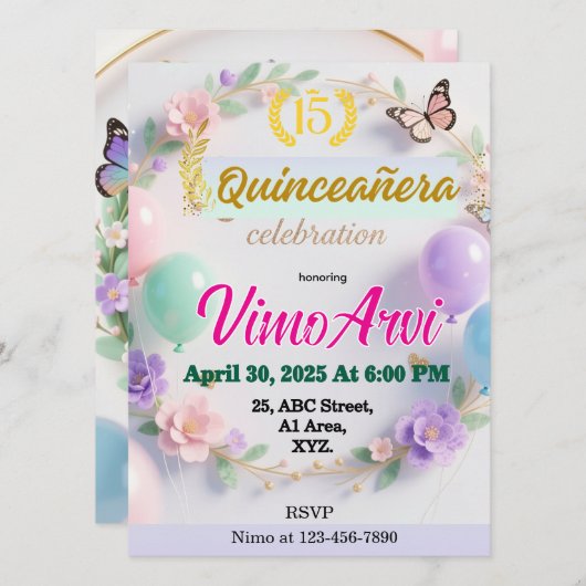 Pastel Balloons and Butterfly Quinceañera birthday Kaart (Voorkant / Achterkant)