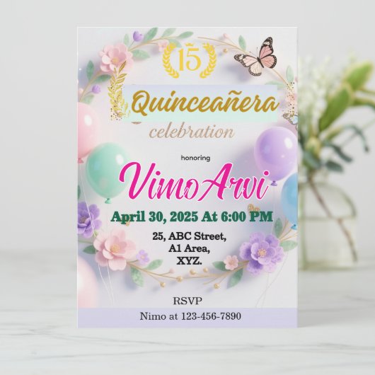Pastel Balloons and Butterfly Quinceañera birthday Kaart (Staand voorkant)