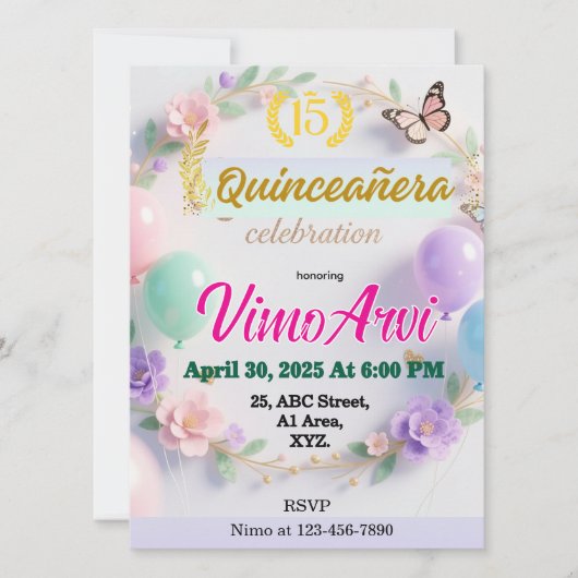 Pastel Balloons and Butterfly Quinceañera birthday Kaart (Voorkant)