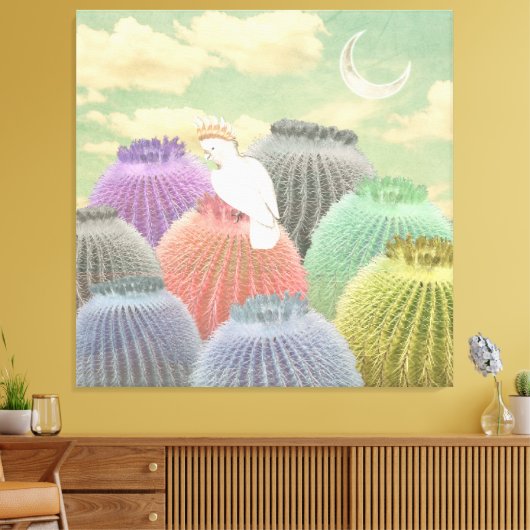 Pastel Barrel Cactus Parrot Moon sky Collage Canvas Afdruk (Insitu (Woonkamer))