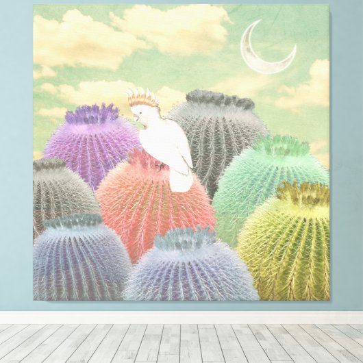 Pastel Barrel Cactus Parrot Moon sky Collage Canvas Afdruk (Insitu (Houten vloer))