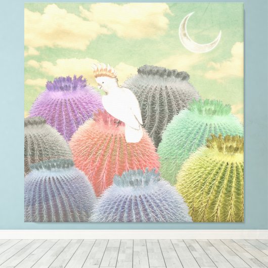 Pastel Barrel Cactus Parrot Moon sky Collage Canvas Afdruk (Insitu (Houten vloer))