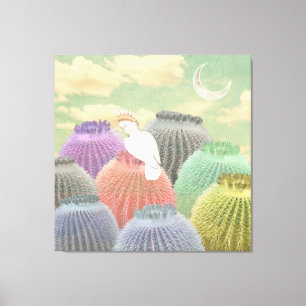 Pastel Barrel Cactus Parrot Moon sky Collage Canvas Afdruk