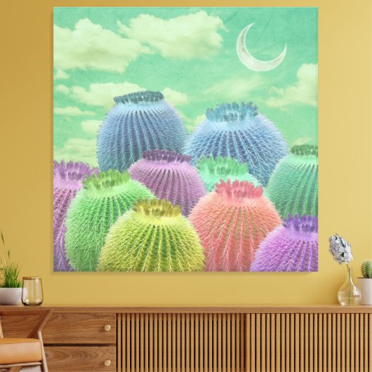 Pastel Barrel Cactus tegen wollig hemel Collage Canvas Afdruk (Insitu (Woonkamer))
