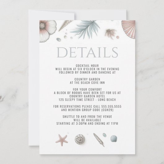 Pastel Beach bruiloft uitnodiging met details (Achterkant)