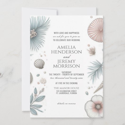Pastel Beach bruiloft uitnodiging met QR & Details (Voorkant)