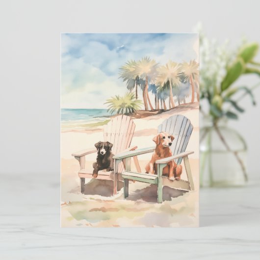 Pastel Beach Scene Honden in Adirondack Stoelen Feestdagenkaart (Staand voorkant)