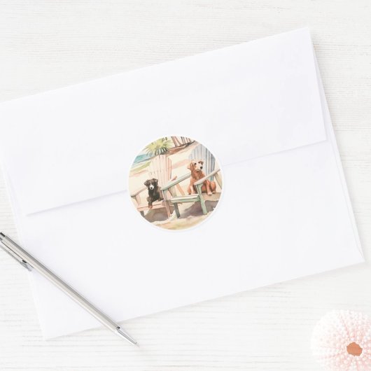 Pastel Beach Scene Honden in Adirondack Stoelen Ronde Sticker