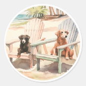 Pastel Beach Scene Honden in Adirondack Stoelen Ronde Sticker (Voorkant)
