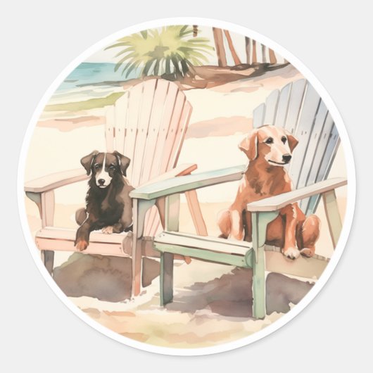 Pastel Beach Scene Honden in Adirondack Stoelen Ronde Sticker (Voorkant)