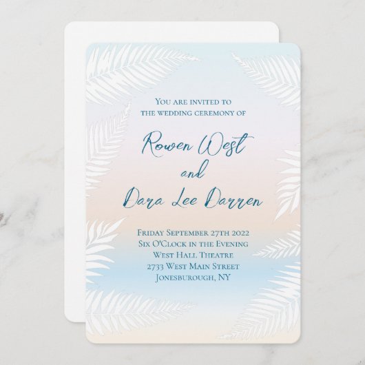Pastel Beach Sunset Tropical Palm Leaf Wedding Kaart (Voorkant / Achterkant)