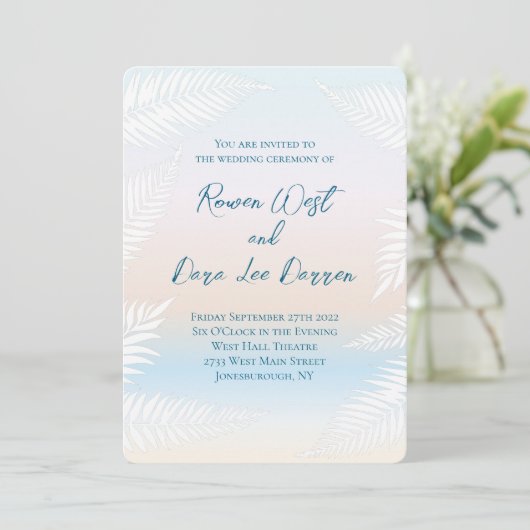 Pastel Beach Sunset Tropical Palm Leaf Wedding Kaart (Staand voorkant)