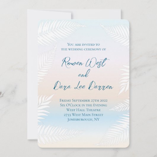 Pastel Beach Sunset Tropical Palm Leaf Wedding Kaart (Voorkant)