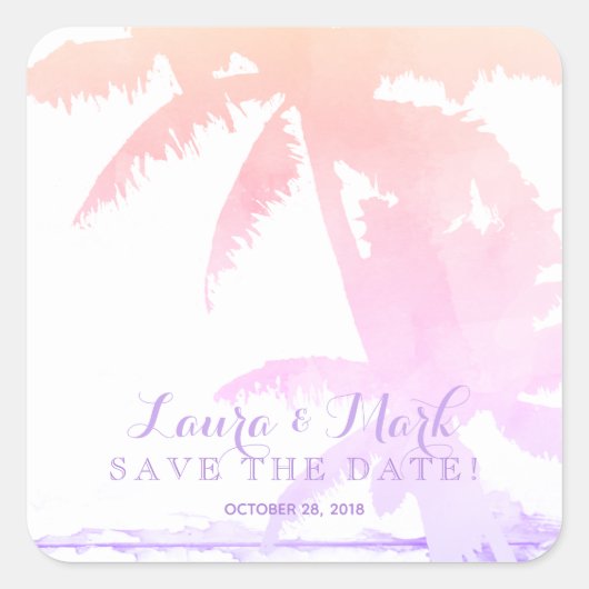 Pastel Beach Wedding Palm Tree Leaves Sunrise Vierkante Sticker (Voorkant)