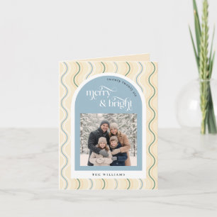 Pastel Beige & Blauwe Golvende Strepen Foto Kerstm Feestdagen Kaart