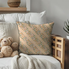 Pastel beige bloemmotief diagonale strepen kussen