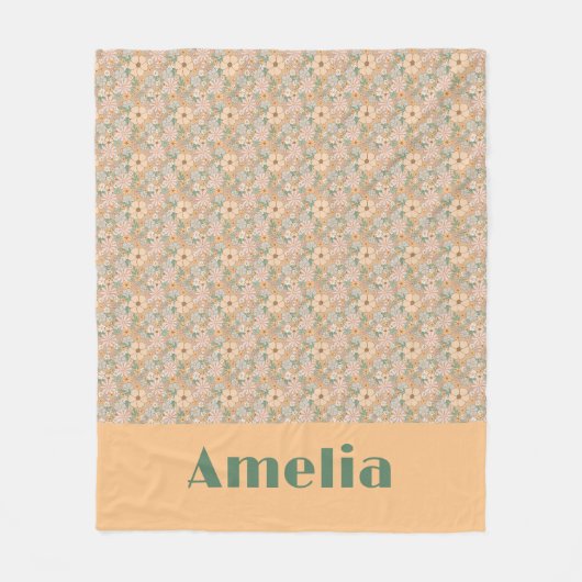 Pastel beige bloempatroon naam fleece deken (Voorkant)