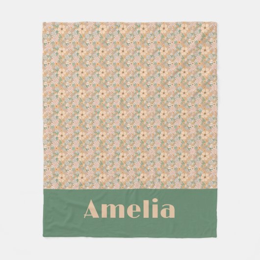 Pastel beige bloempatroon naam fleece deken (Voorkant)