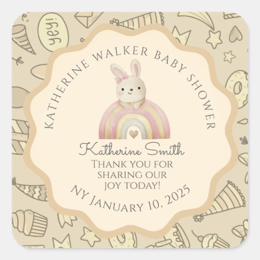 pastel beige bunny cute party babyshower  vierkante sticker (Voorkant)